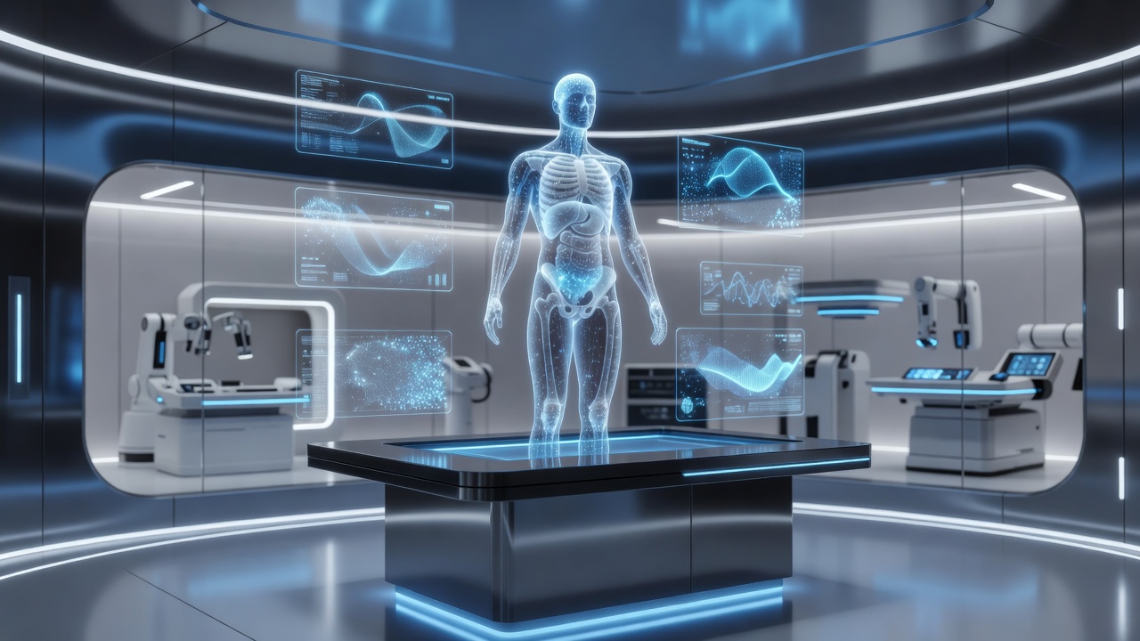 A modern futuristic medical center interface with blue lighting and advanced technology