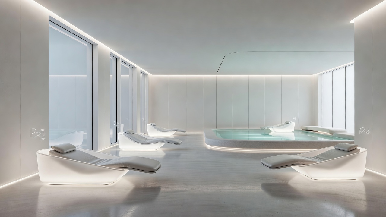 Serene futuristic wellness center with clean lighting