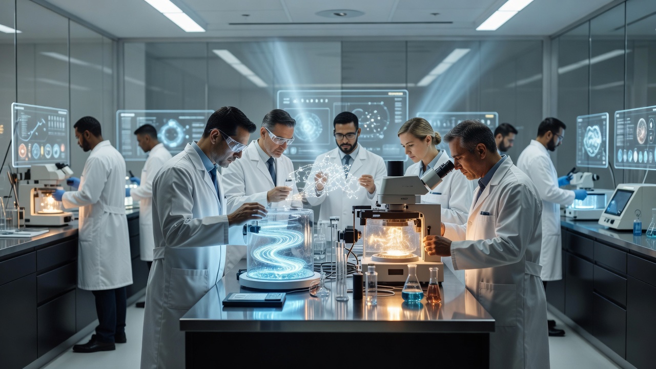 Scientists working in a glowing modern research laboratory