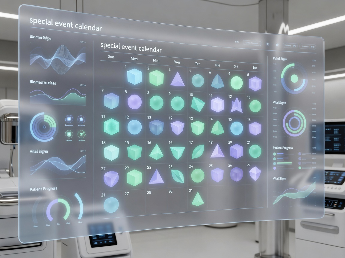 Special event calendar displayed inside a futuristic medical dashboard with healthcare-themed notifications, modern interface elements, and advanced technology visuals.